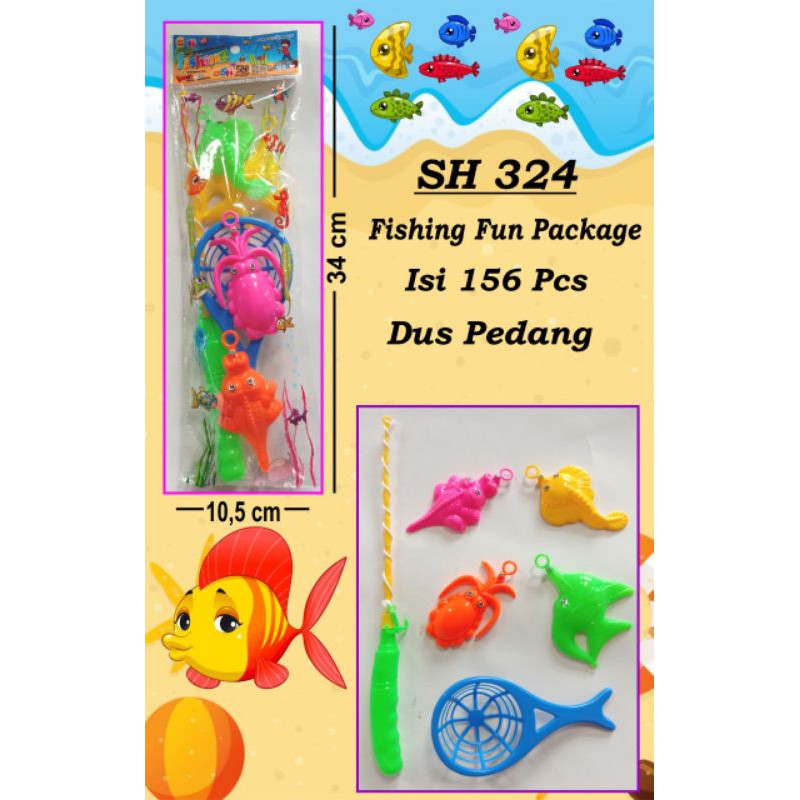 SH 324 - MURAH !! Mainan anak kait kail Pancing 4 ikan serok jaring kemasan kantong SH324
