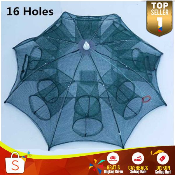 Jaring Pancing JP 03 Ikan Udang Automatic Fold Umbrella Fishing Net 16 Holes Jaring Multifungsi Jala