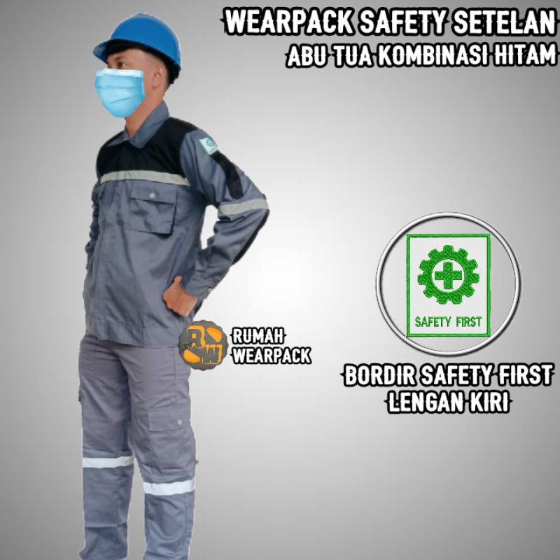 Setelan Baju Safety Abu Tua Kombinasi Hitam  dan Celana Abu tua