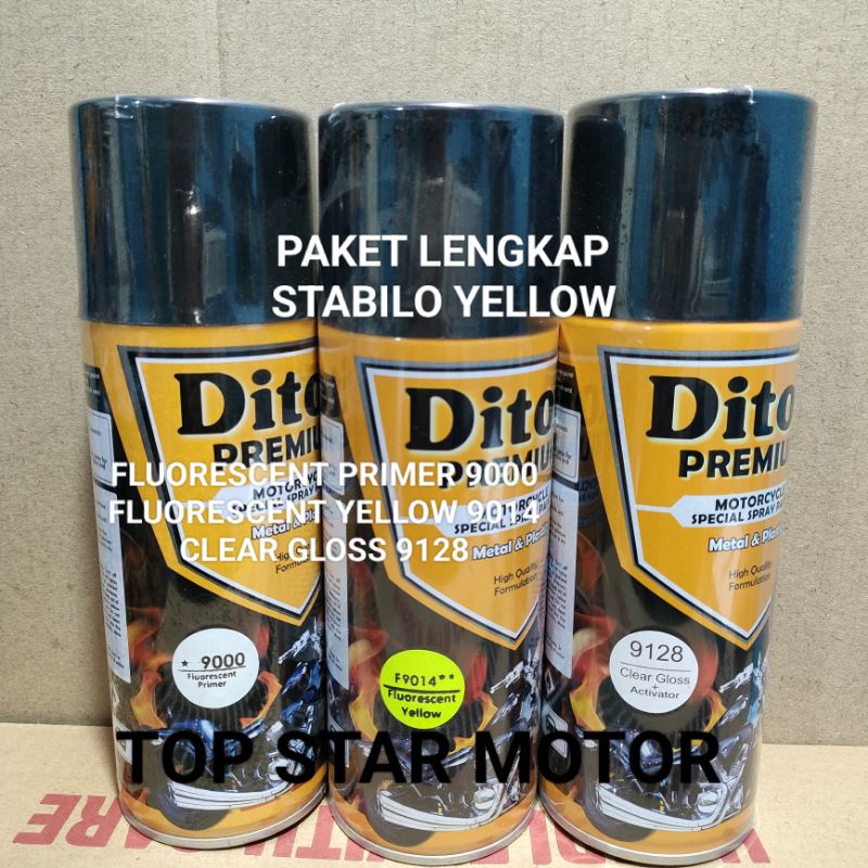 Pilok Paket Lengkap Cat Diton Premium Fluorescent Primer 9000 Fluorescent Yellow 9014 Clear Gloss 9128 400cc.. Pilok Paketan Lengkap Fluorescent Green 9014 Cat Diton Premium 400cc