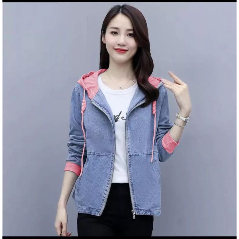 JAKET JEANS HOODIE WANITA RITSLETING DENGAN KOMBI