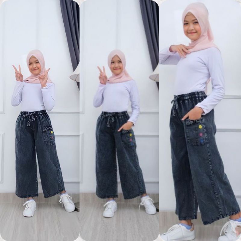 BAGGY JEANS//CELANA PANJANG ANAK PEREMPUAN VARIASI BORDIR CEMPAKA USIA 6-12TAHUN