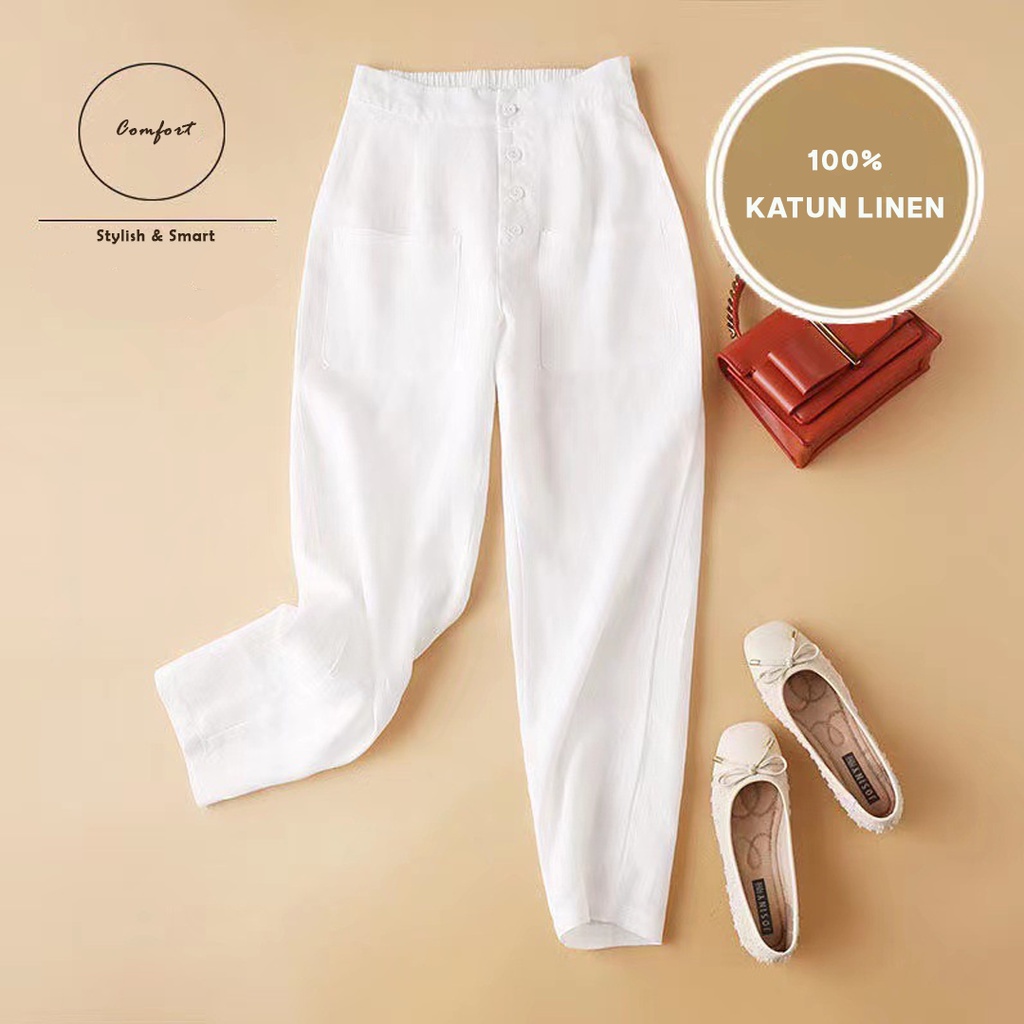 CELANA LINEN [M-XXL] HIGHWAIST MODEL KANCING