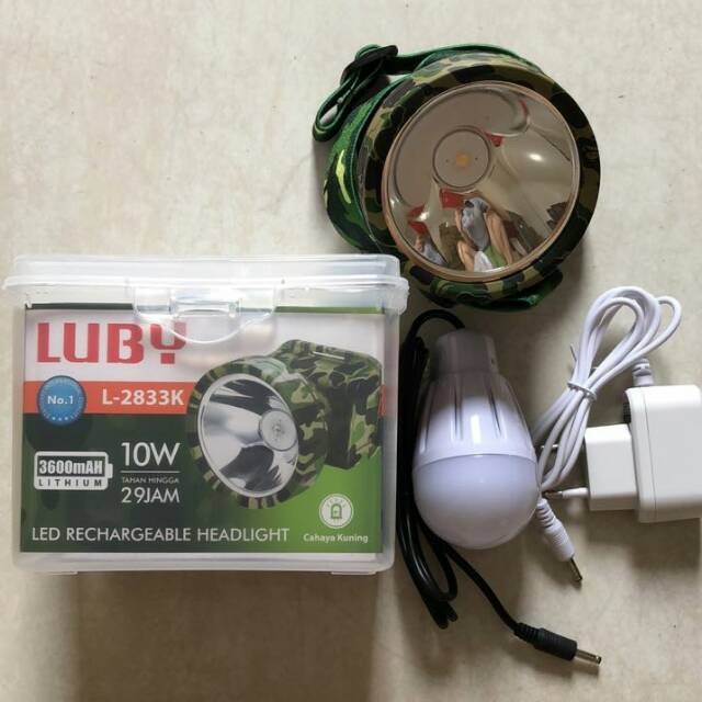 Luby Senter Kepala LED Super Terang Lithium L 2833K LED 10 Watt Lampu KUNING + Bola Lampu Super LED