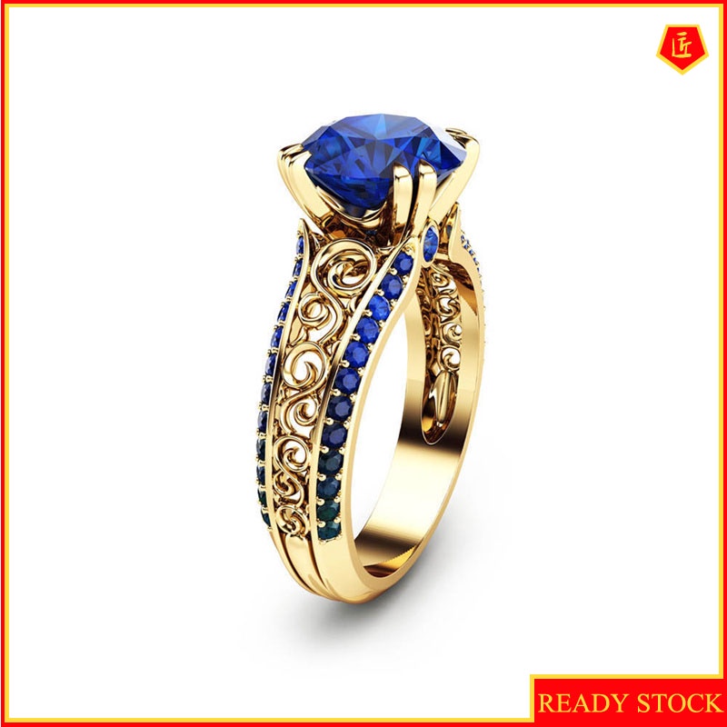 [Ready Stock]Ruby Hollow Flower Ring Micro-Inlaid 14K Gold Sapphire