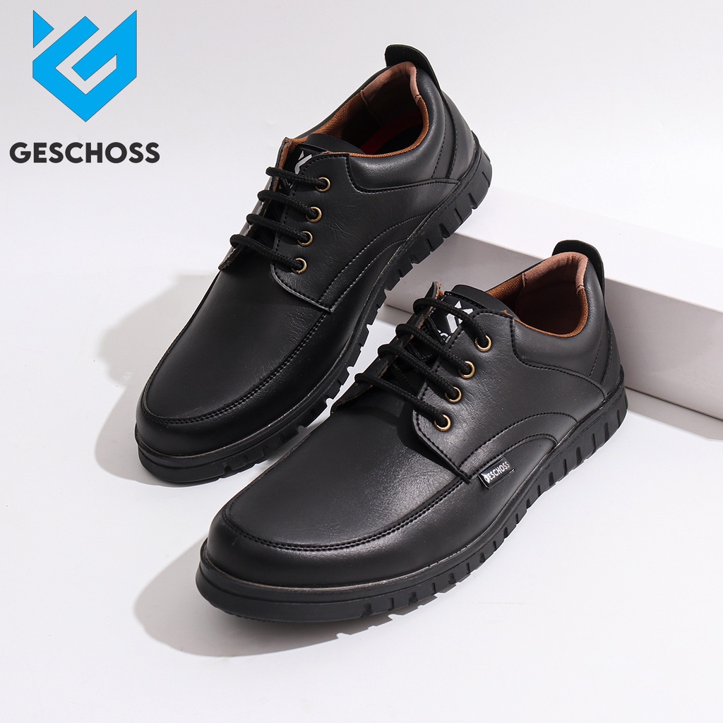 BLACK ORIGINAL GESCHOSS Sepatu Semi Formal Full Hitam Tali Pria Pantofel Kerja Kantor Dinas Resmi Guru Kantoran Keren Murah Terbaru