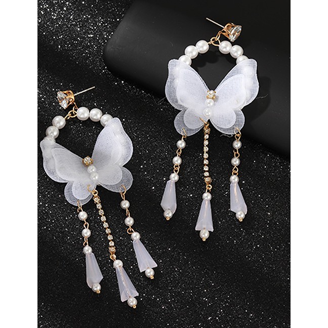 LRC Anting Tusuk Fashion White Mesh Butterfly Artificial Crystal Tassel Earrings D34668