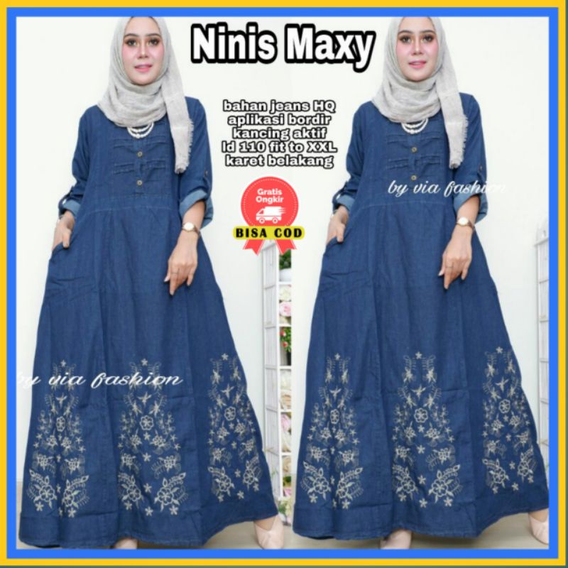 Aero maxy/Ninis maxy / Baju gamis jeans wanita jumbo/Gamis bordir jeans/Gamis syar'i dress