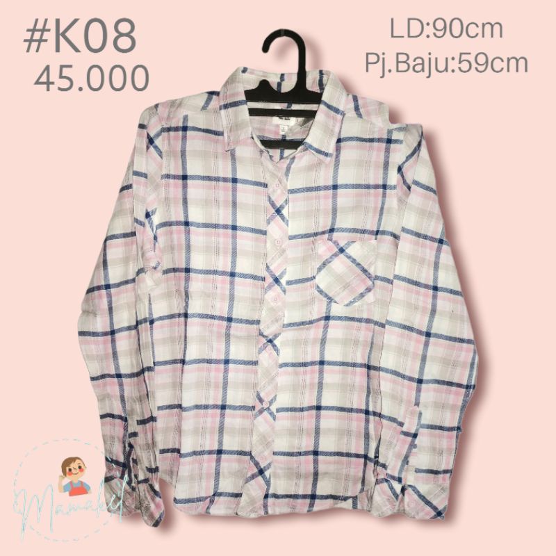 [Thrift] Kemeja Wanita Lengan Panjang Kotak-kotak Pink Biru