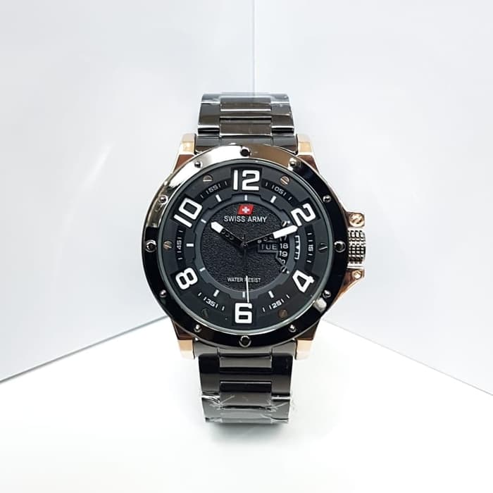 JAM TANGAN CASUAL PRIA SWISS ARMY 8454 RANTAI BLACK GOLD TANGGAL HARI