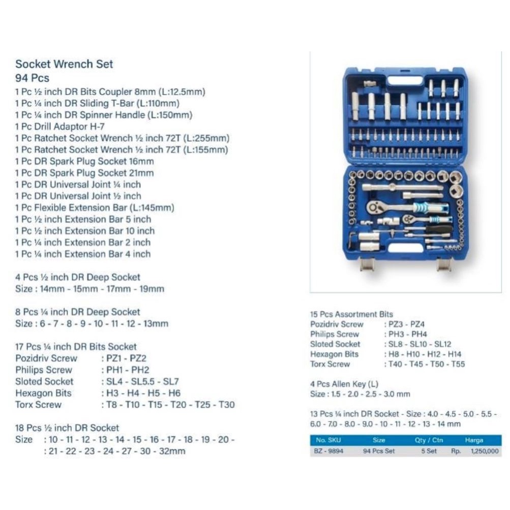 BENZ BZ-9894 Kunci Sok Set 94 Pcs Mata Obeng Socket Sock L Motor