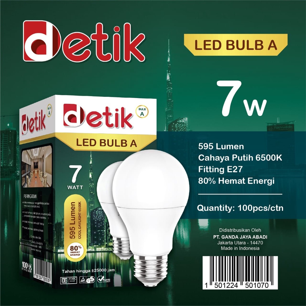 DETIK Lampu LED Bulb 7 Watt - Cahaya Putih (Garansi 1 Tahun)