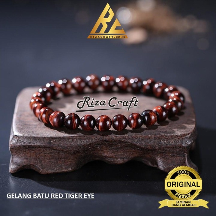 Gelang Pria Wanita Batu Akik Red Tiger Eye Mata Harimau Merah Asli