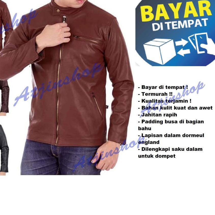 ☉ Atjin-Jaket Kulit Pria Kasual Exclusive Series Ferrari / Jaket Motor Pria [Coklat - Hitam] ☈