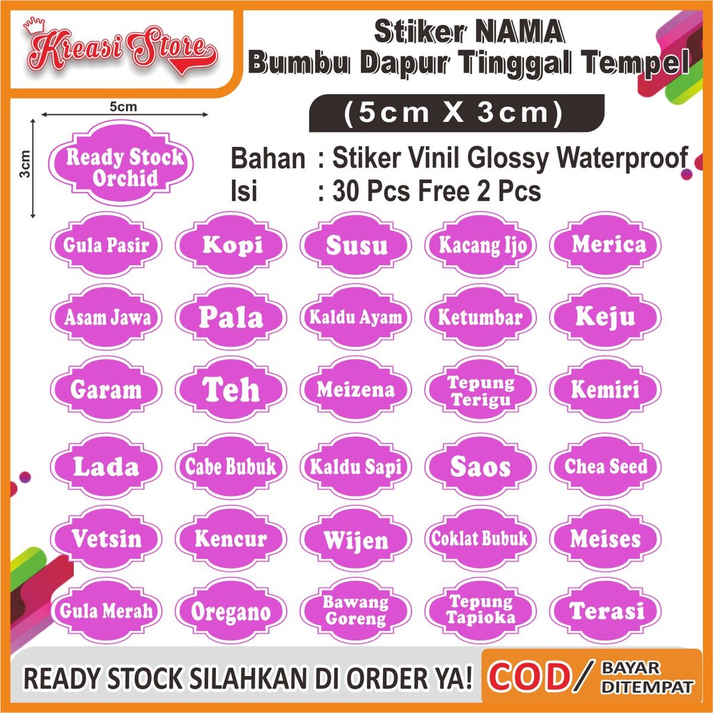 

Stiker Label Bumbu Dapur Waterproof Isi 30 Pcs uk 3x5cm Ready Stock Free 2pcs