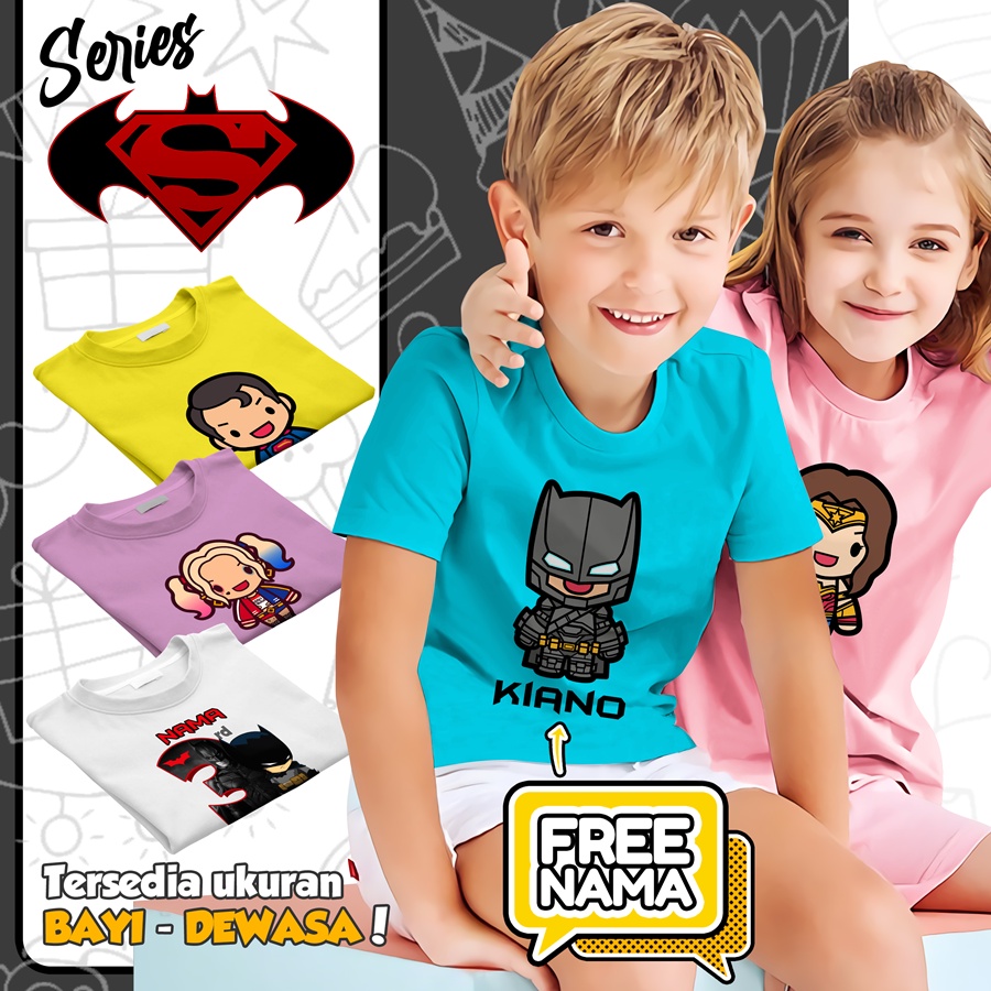 Baju Kaos ANAK DAN DEWASA BATMAN SUPERMAN WONDERWOMAN JOKER HARLEY COUPLE (FREE NAMA)