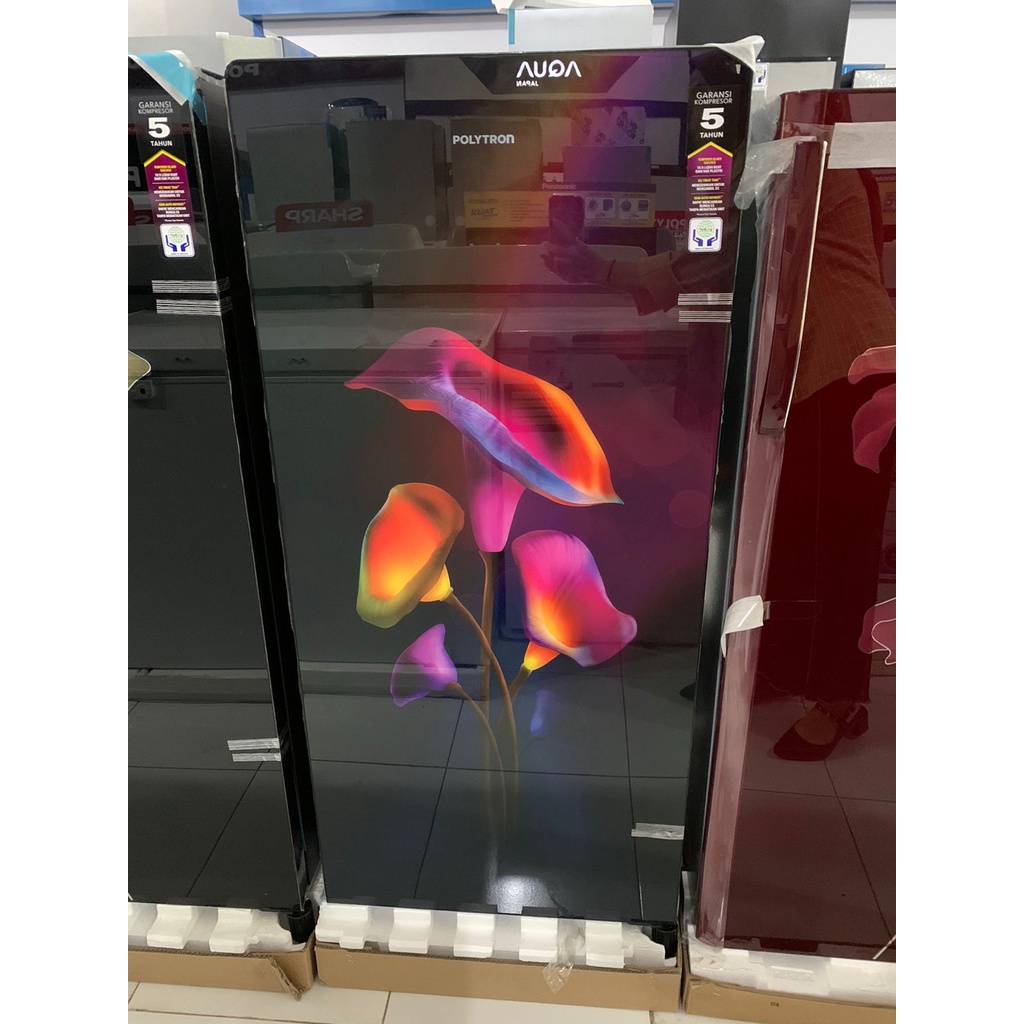 Kulkas Polytron 1 pintu 18 MTR Kapasitas 180 liter GLASS DOOR Motif bunga ungu