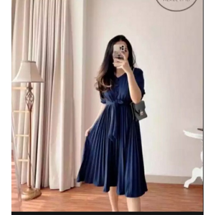 Dress Casual Formal Fashion Korean daster Wanita kombinasi Plisket