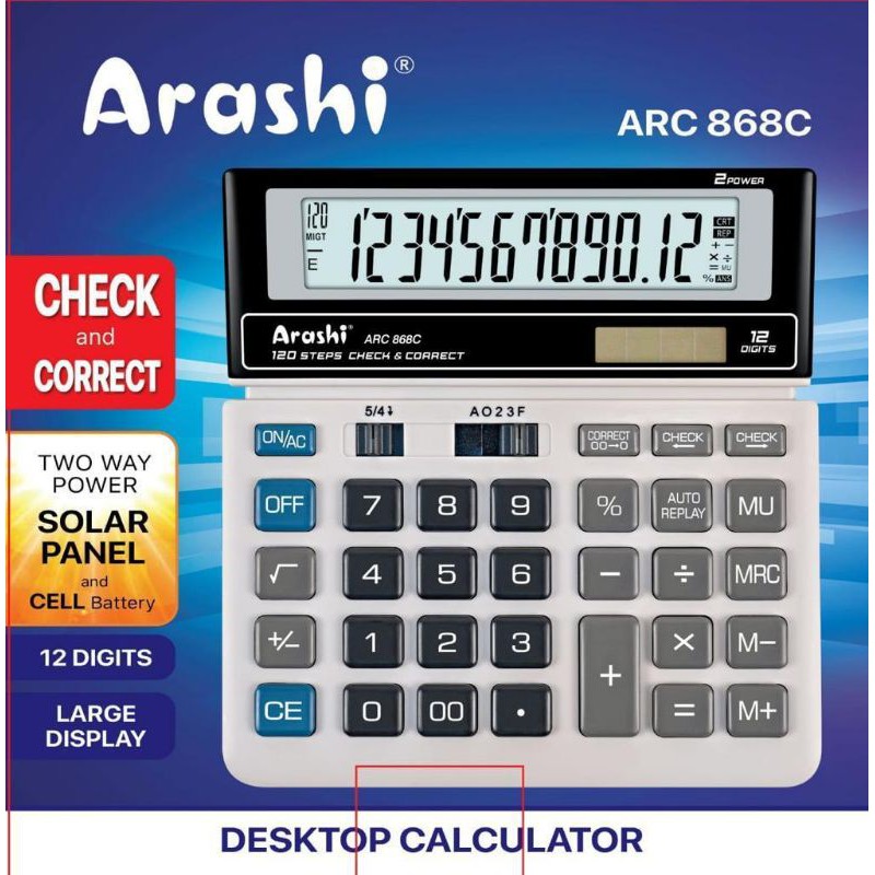 

Arashi Desktop Calculator ARC 868C Kalkulator 12 Digit Layar Besar Solar Panel JunDW
