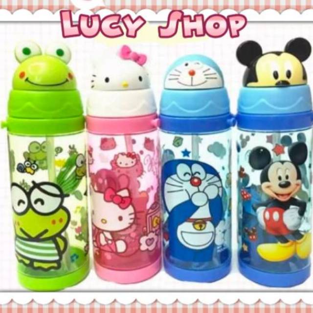 Botol Minum Sedotan Anak Karakter Kepala Doraemon Kitty Mickey Keropi