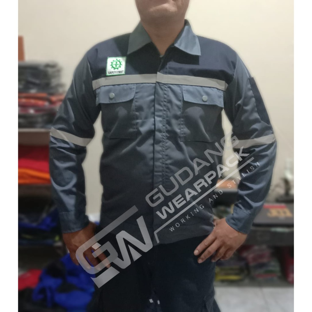 Star Wearpack  - Baju Kerja Proyek Model Resleting Warna Abu Kombinasi Hitam