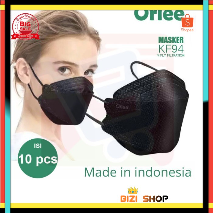 Masker Kf94 KF 94 4Ply 4 ply Emboss Orlee evo 3D Kemenkes isi 10 pcs - Hitam
