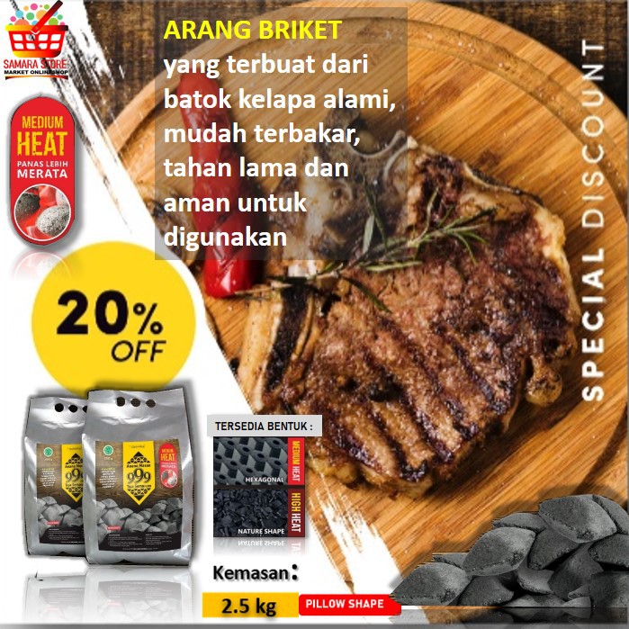 (A5) Arang Briket Batok Kelapa Pemanggangan Sate Sosis Daging 2.5 kg per Kemasan Agen Jatinegara