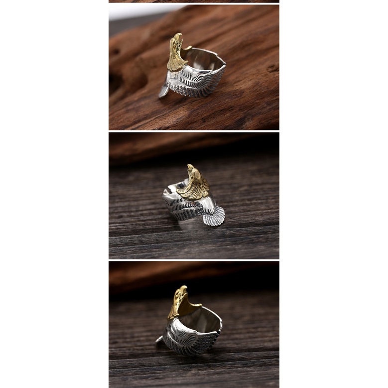 Cincin Model Terbuka Desain Sayap Elang Bahan Stainless Steel Warna Silver Gaya Vintage