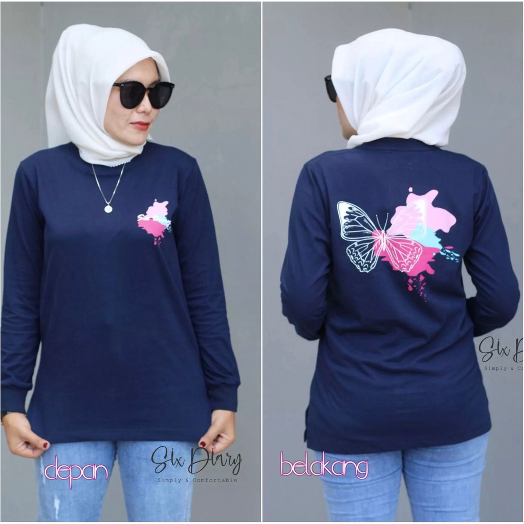 Kaos Wanita Atasan Wanita Kaos Lengan Panjang Wanita Six Diary WARNA navy Motif kupu-kupu // SIX DIARY/ATASAN WANITA/PAKAIAN WANITA TERBARU 2022