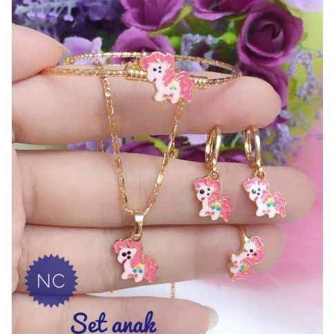 (JUN) Set Perhiasan ANAK Lapis Emas Xuping Gelang Cincin Anting Kalung Kuda Poni Pink Titanium Gold