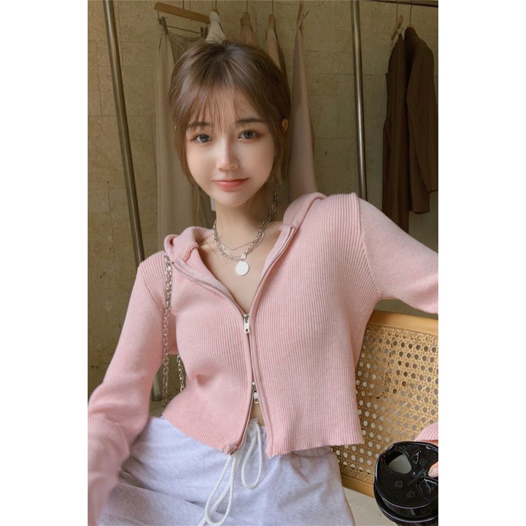 Pakaian Rajut Wanita Pink Berkerudung Sweater Top Pendek Ritsleting Dua Arah Cardigan Pakaian Luar