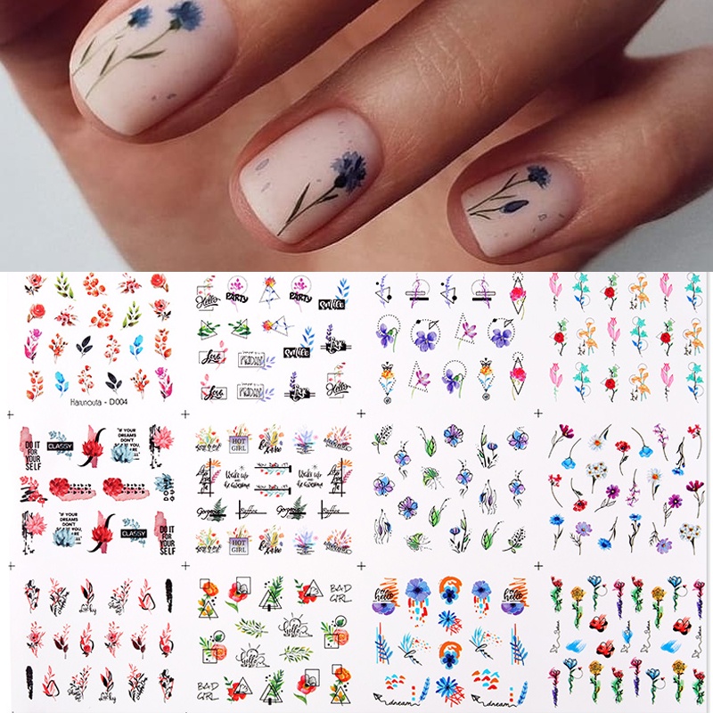 12pcs / Set Stiker Kuku Motif Geometri / Bunga / Daun / Cat Air Untuk Nail Art / Manicure Diy