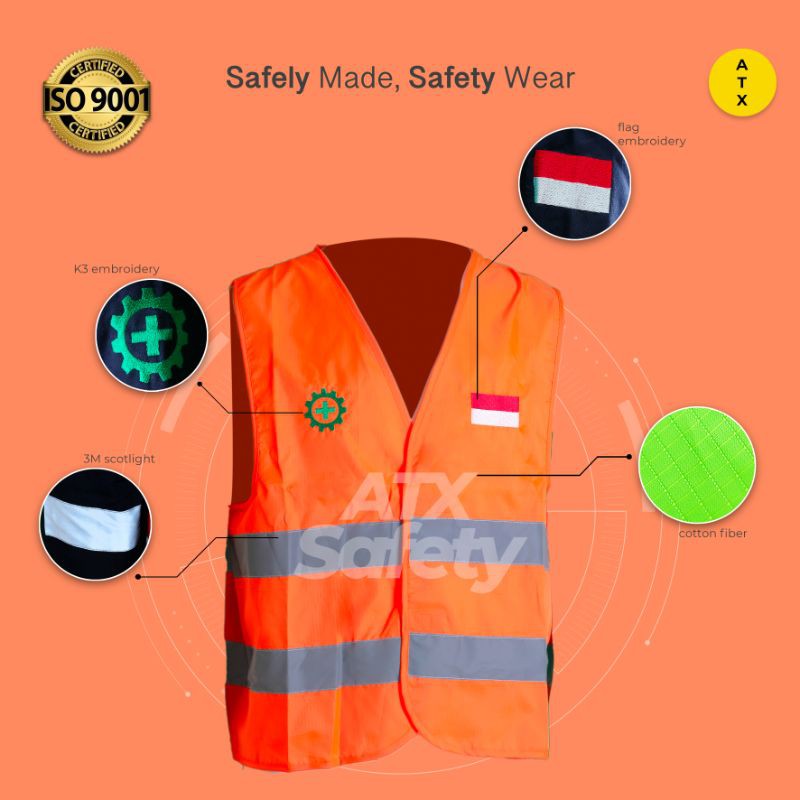 Rompi Safety Proyek Lapangan ATX Oren Stabilo Berlogo K3 dan Bendera Indonesia