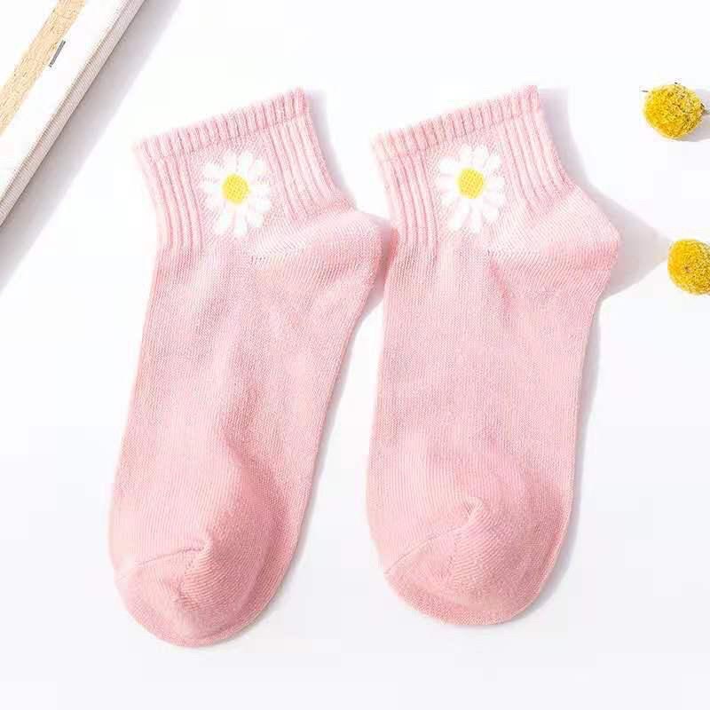 WJ0048 Kaos Kaki Ankle Motif Bunga Daisy / Kaos Kaki Wanita-Pink