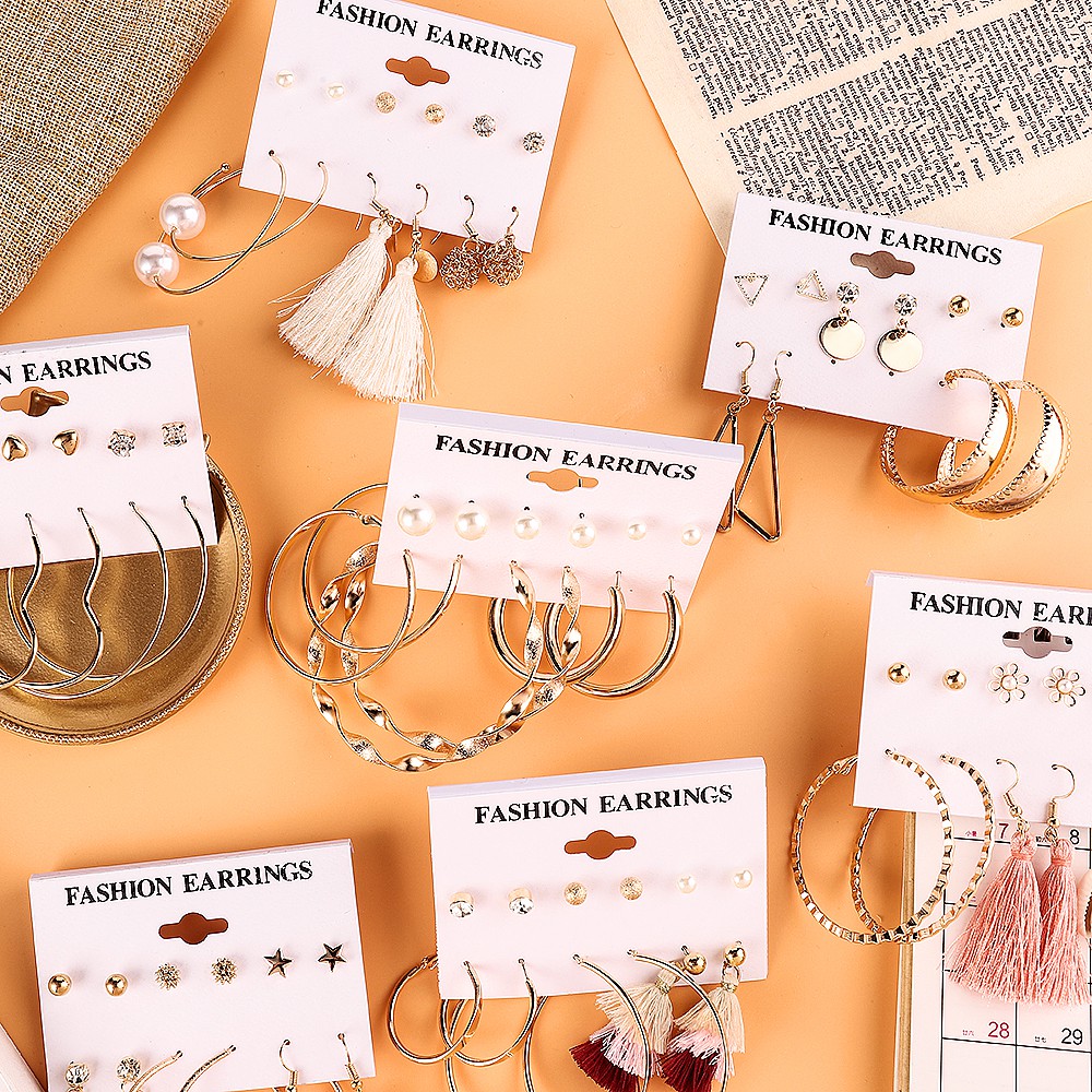 Pengiriman Lokal 12 pcs / Set Anting Hoop Earring 8 Styles Mini Round Shell Cotton Tassel Anting