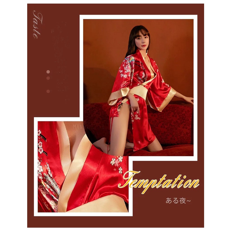 Lingerie Sexy Kimono Cosplay Kostum Satin leher V Wanita Baju Tidur Set 3A398