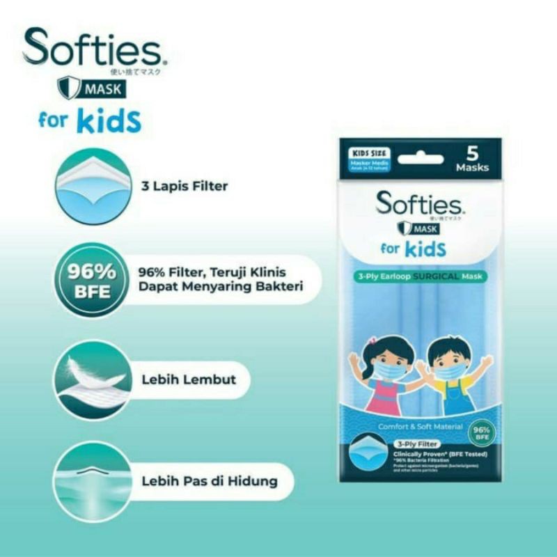 SOFTIES MASKER DEWASA HIJAB DAN ANAK 3ply isi 5 MASKER SWEETY MASKER SOFTIES