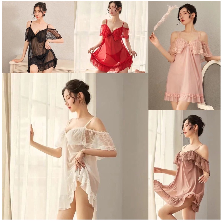 Lingerie Dress Wanita Baju Tidur Babydoll Dewasa Lace Seksi Import dengan Celana pendek dan Lace Bahan halus