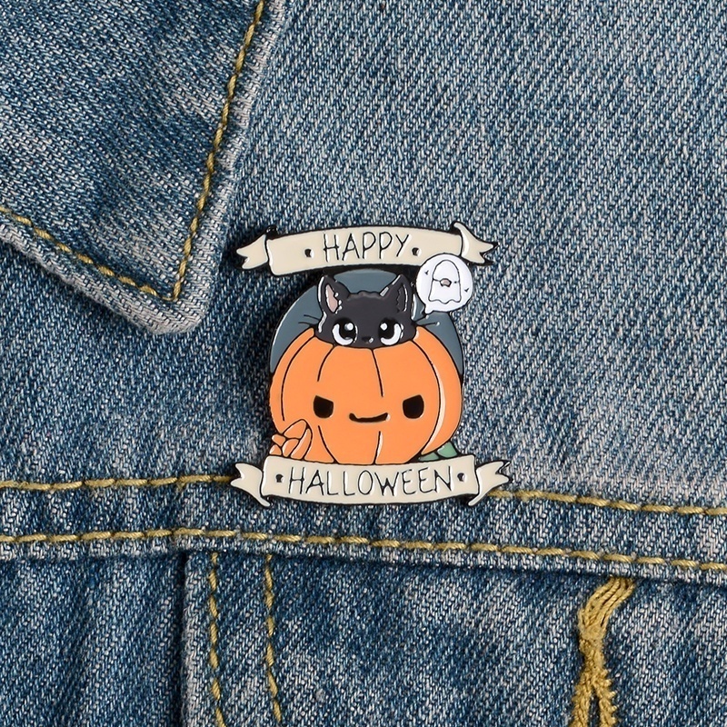 Bros Pin Enamel Desain Labu Halloween Kucing Hitam Dan Hantu Untuk Pria Dan Wanita