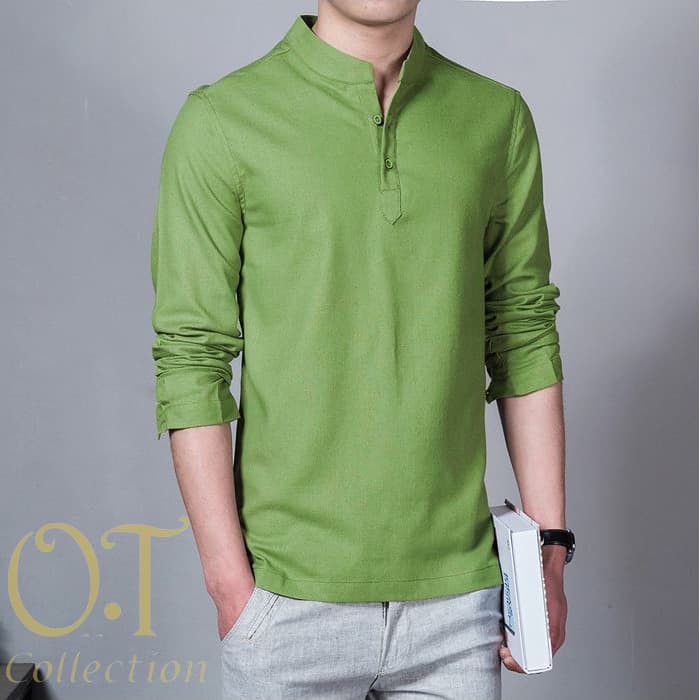 [koko hamish green OT] baju koko pria katun twill lengan panjang hijau - Hijau muda, S