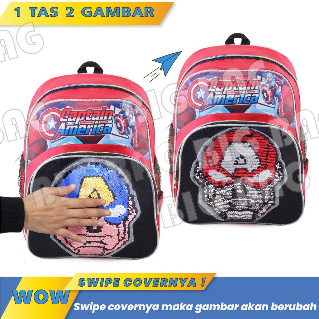 Tas Ransel Anak CAPTAIN AMERICA  - RANSEL USAP / SWIPE - HALF SWIPE - HALF WECKER + FREE BOTOL