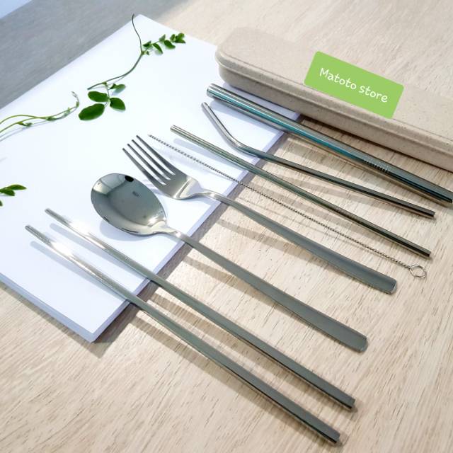 Korean Style Cutlery Set & Straw Stainless Box # Silver | Shopee Indonesia