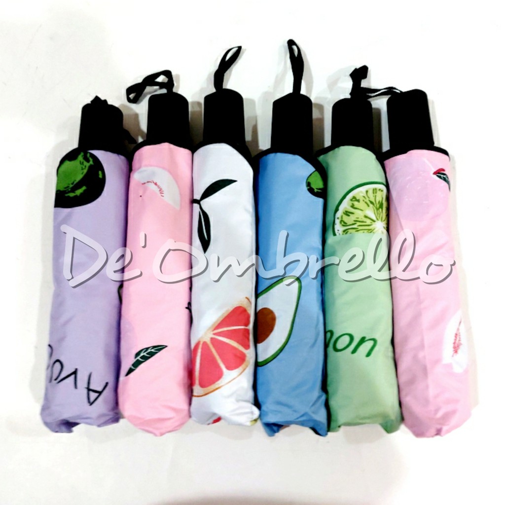 (496)Payung Lpt 4 Fancy Motif Buah-Buahan Dalam Hitam Anti UV