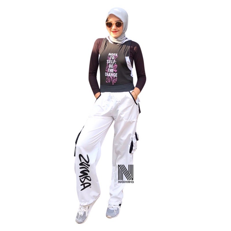 Celana senam cargo zumba putih sablon hitam / Celana training senam bahan parasut fitness aerobik-3