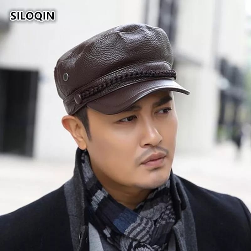 Topi Pria Kulit Asli Model Komando Snapback Pet Oktagonal Nahkoda Warna Hitam