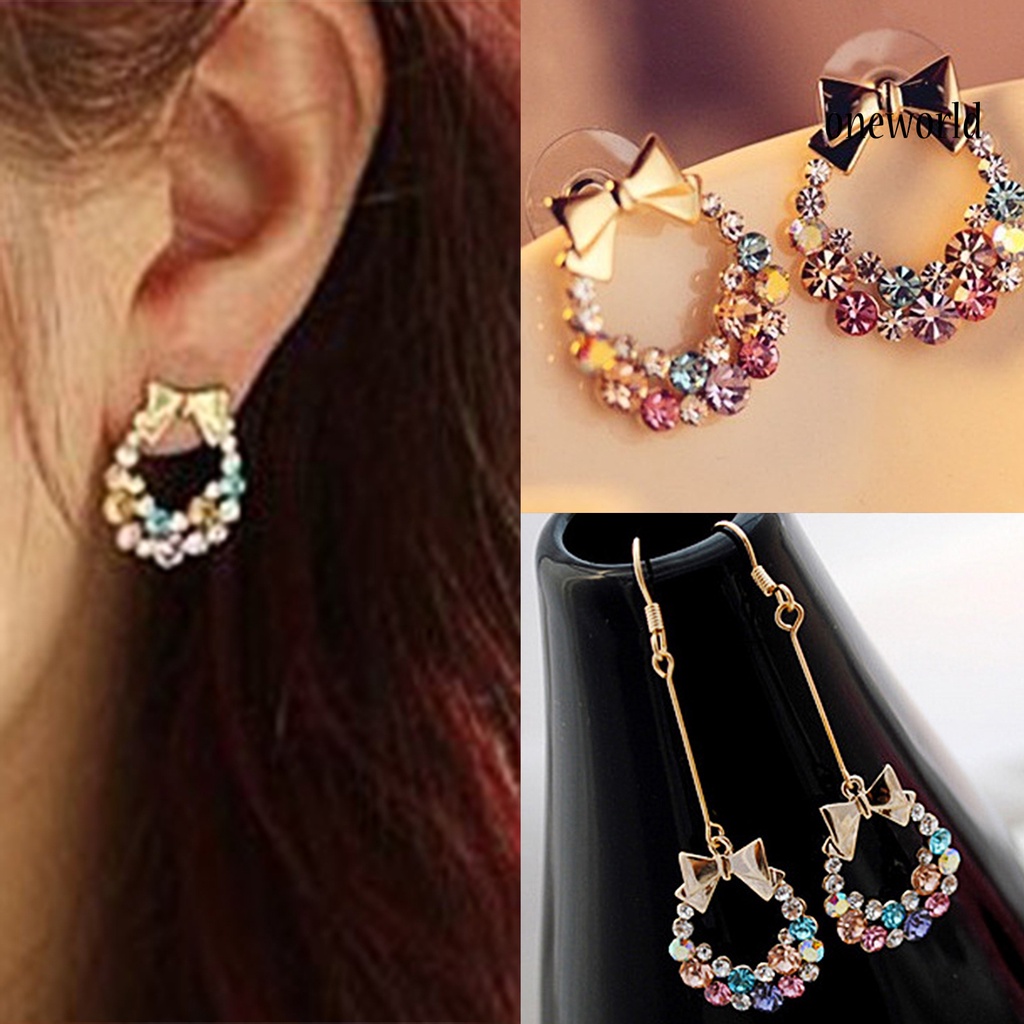 OW# Colorful Rhinestone Drop Earrings Bow Women Circle Hook Earrings Stud Earrings Fashion Jewelry