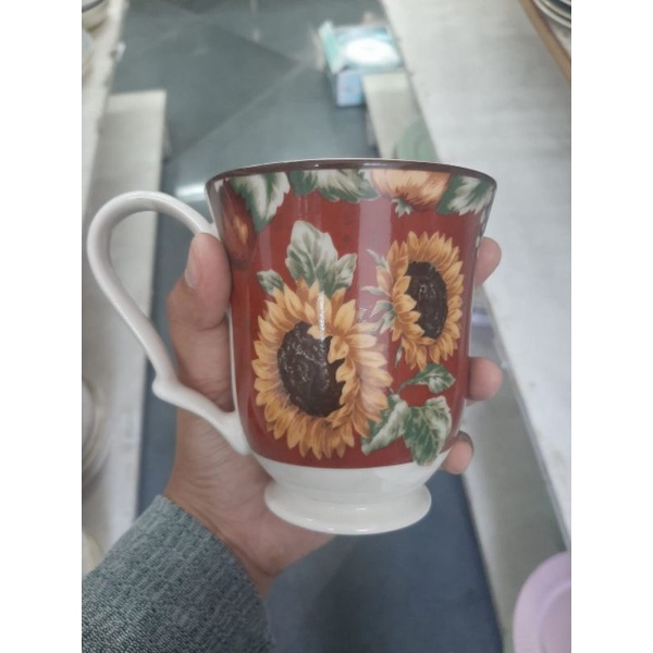 SUNFLOWER MUG GELAS KERAMIK SANGO MOTIF BUNGA MATAHARI KOLEKSI ANTIK KLASIK JADUL VINTAGE CANTIK