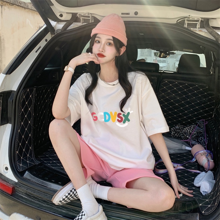 Atasan hitam lengan pendek retro longgar gaya korea sederhana/Kaos Oversize Rabbit Tas T-shirt Korean Style/kaos vintage/Big size print kaos wanita tshirt atasan top korea