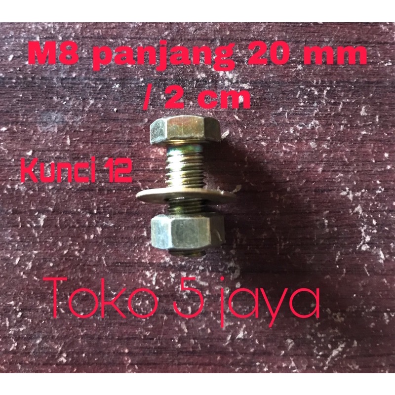 baut m8 x 20 / kunci 12 / panjang 2 cm / baut kuning / baut halus / kunci 12
