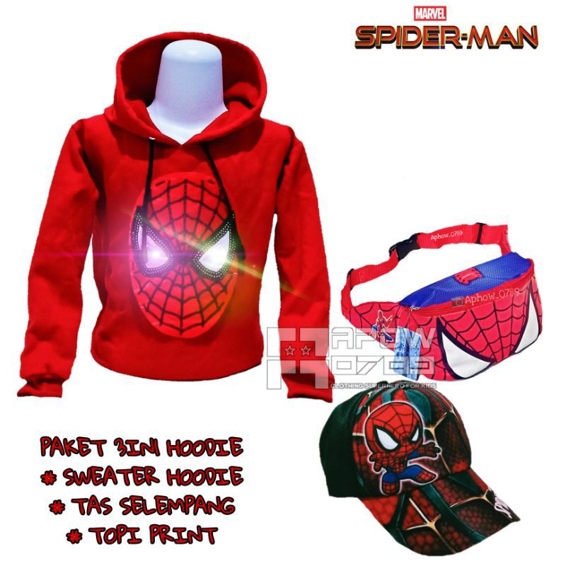 Sweater hoodie anak Led spiderman gratis waistbag topi - sweater anak